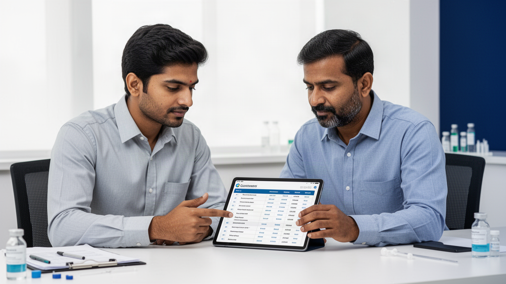 Vector illustration of two pharma professionals demonstrating mr field operations & data management