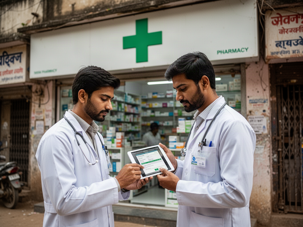 Indian pharmaceutical medical representative verifying a pharmacy location using a tablet