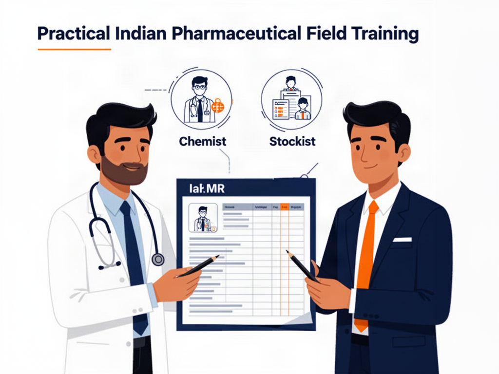2D illustration of an Indian MR and manager reviewing doctor and chemist records